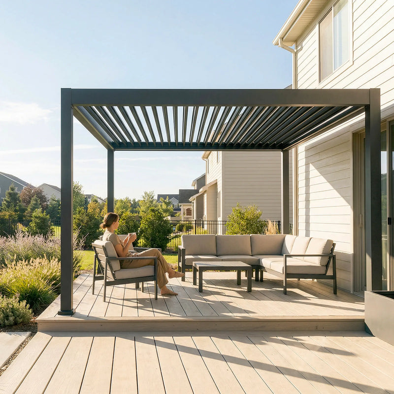 Modern patio with a black pergola, outdoor seating, and a person reading on a sunny day.