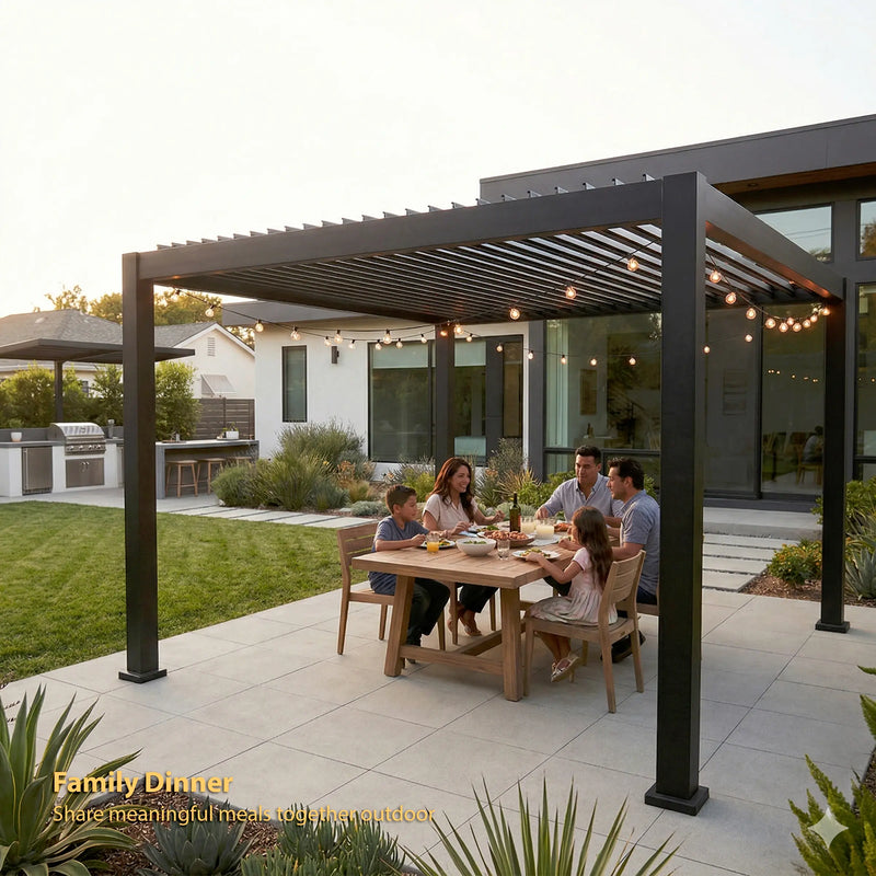 Family having dinner outdoors under a pergola in a modern backyard.