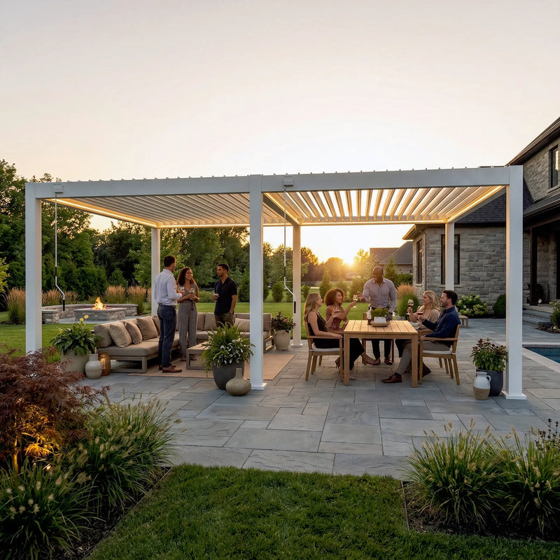 Outdoor patio with a white pergola sheltering a group of people dining and socializing at sunset.