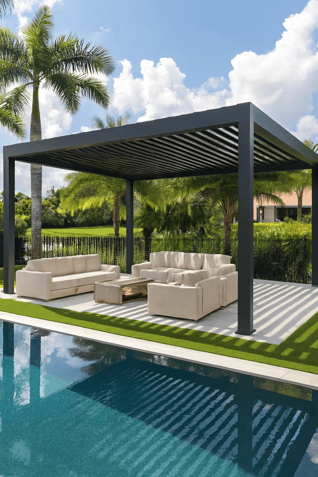 Modern poolside patio with a black pergola and cushioned outdoor seating surrounded by palm trees.