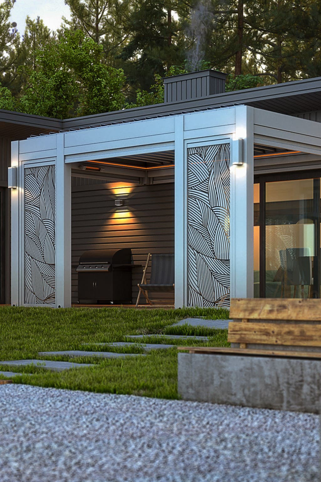 Modern patio pergola with decorative privacy panels attached to a contemporary home.