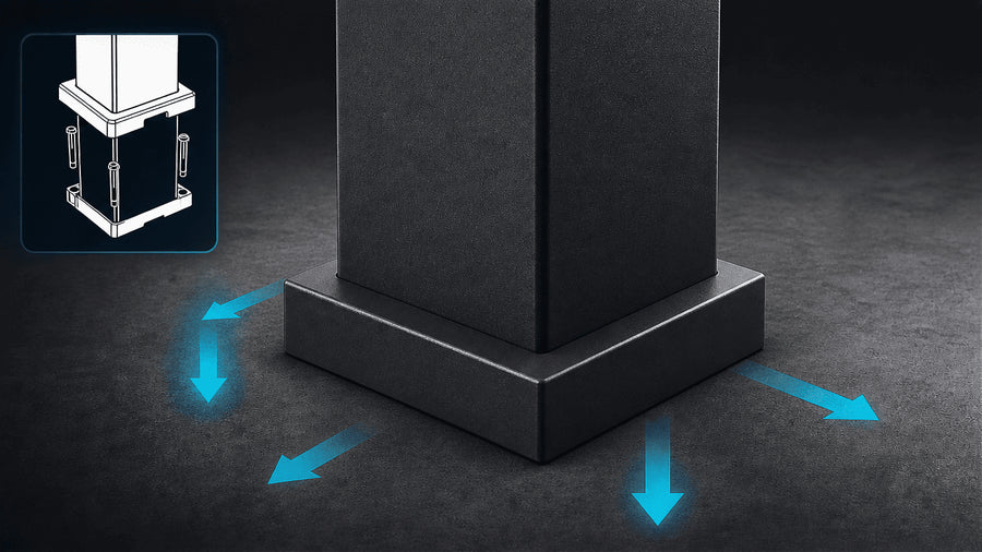 Black pedestal base with blue arrows showing outward airflow and an inset anchoring diagram.
