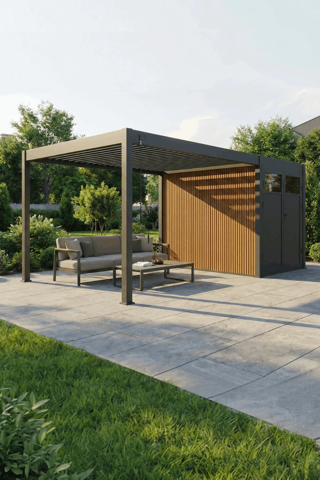 Modern backyard pergola with outdoor seating and an attached privacy wall on a spacious patio.