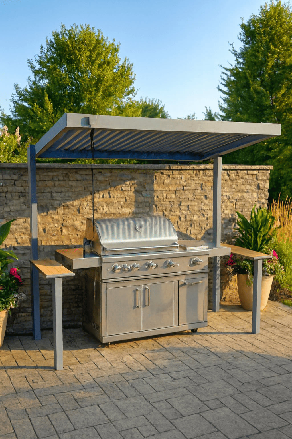 Outdoor kitchen with a stainless steel grill under a modern pergola