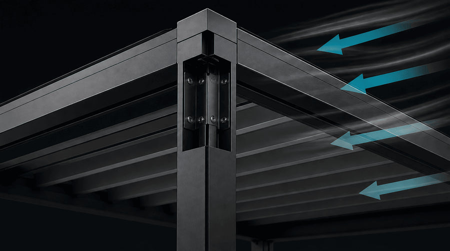 Reinforced aluminum frame corner with airflow direction arrows.