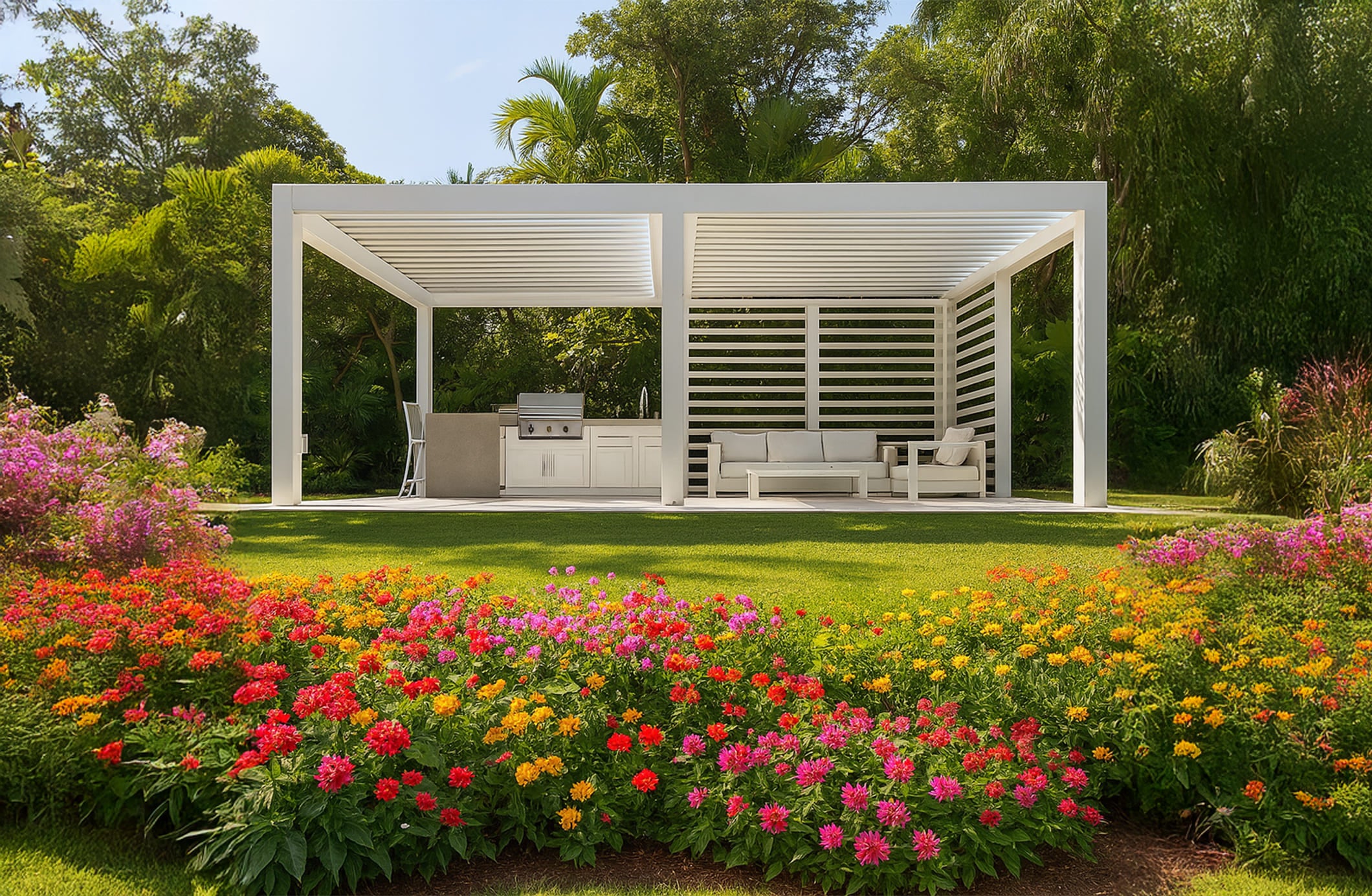 Large white louvered pergola featuring an outdoor kitchen and a patio seating area, set behind a vibrant garden bed of colorful flowers.