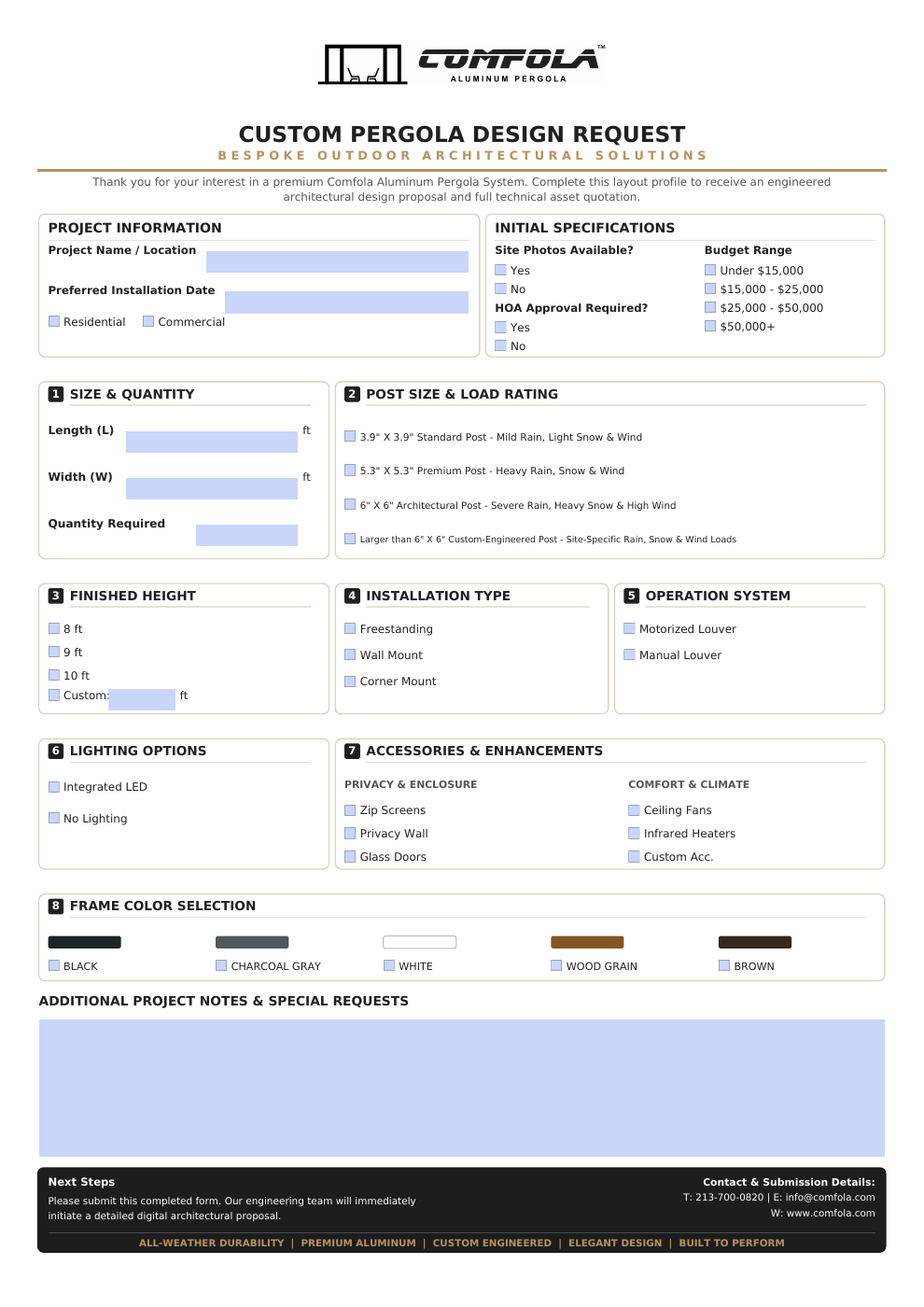 Preview of the original custom pergola request form. Download the PDF to complete it.